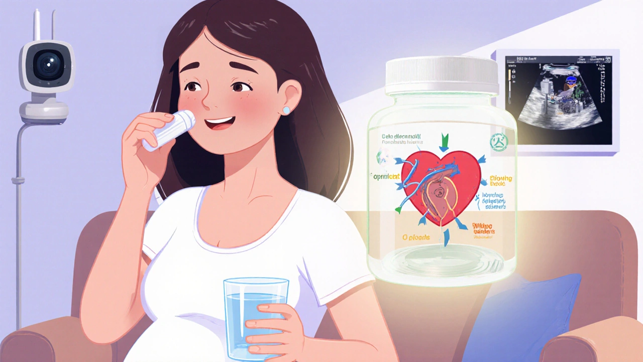 A pregnant woman taking Trandate with glowing drug effects showing relaxed arteries and slowed heart.