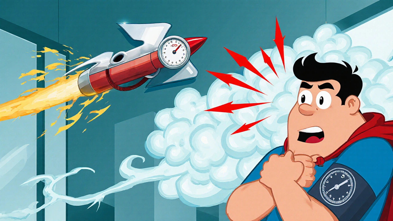 A superhero Trandate tablet calming a hypertensive emergency with alpha and beta wings.