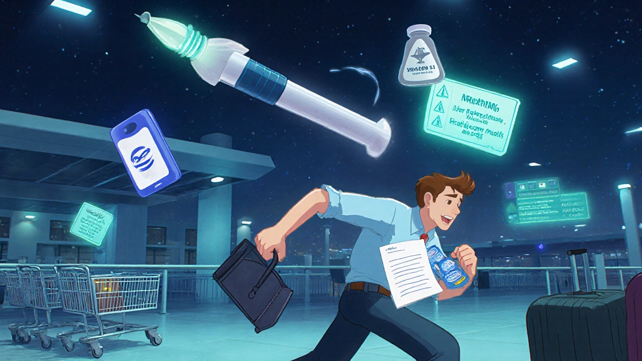 A traveler at the airport with medical supplies, guarded by glowing insulin and CGM icons.