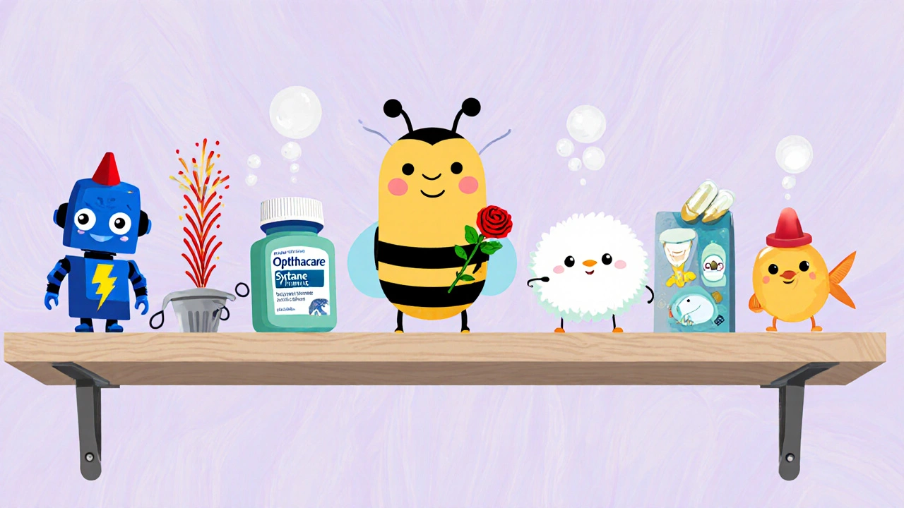 Animated eye‑care products as characters on a shelf, each showing distinct traits.