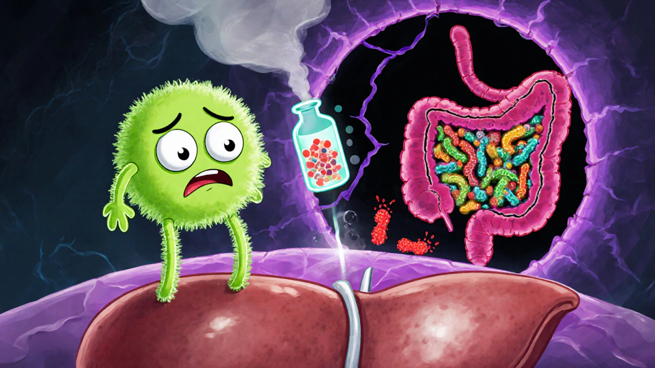 Animated liver cell scene showing tired mitochondria, a naughty antibiotic dropping metabolites, and gut microbes letting toxins through.