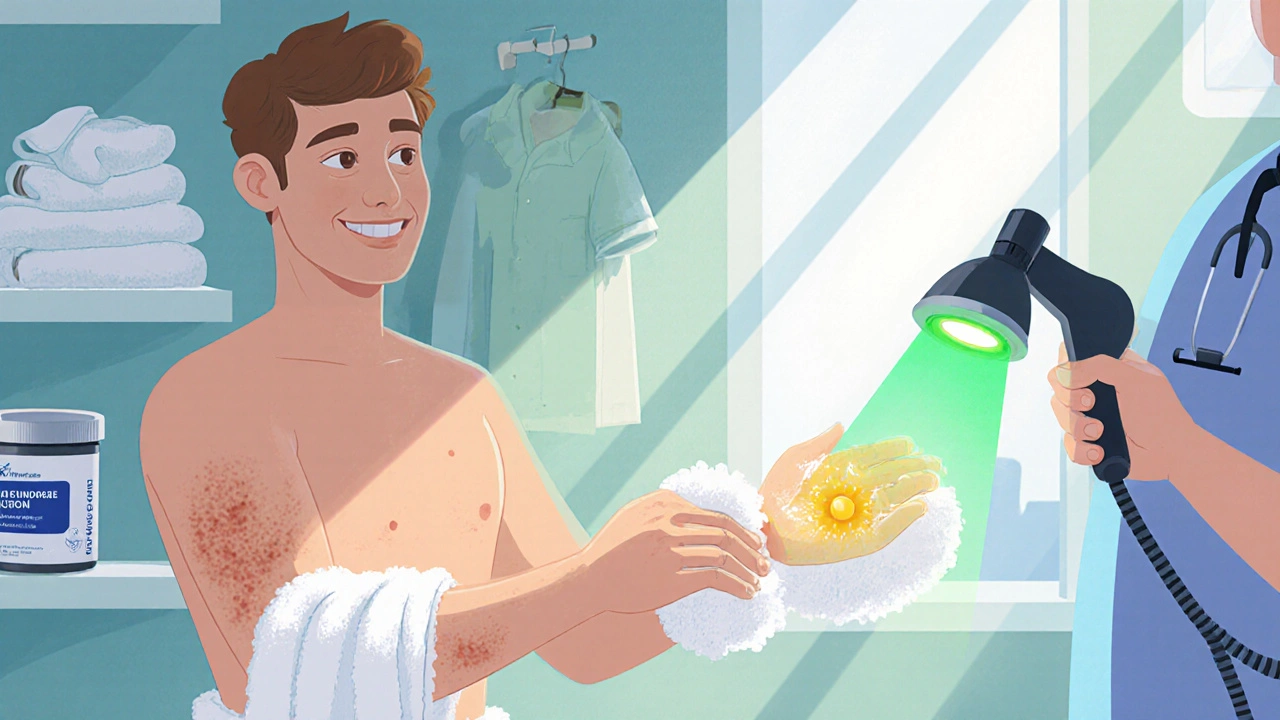 Bathroom scene of a person drying skin, applying sunscreen, using antifungal powder, and a doctor with a Wood's lamp.
