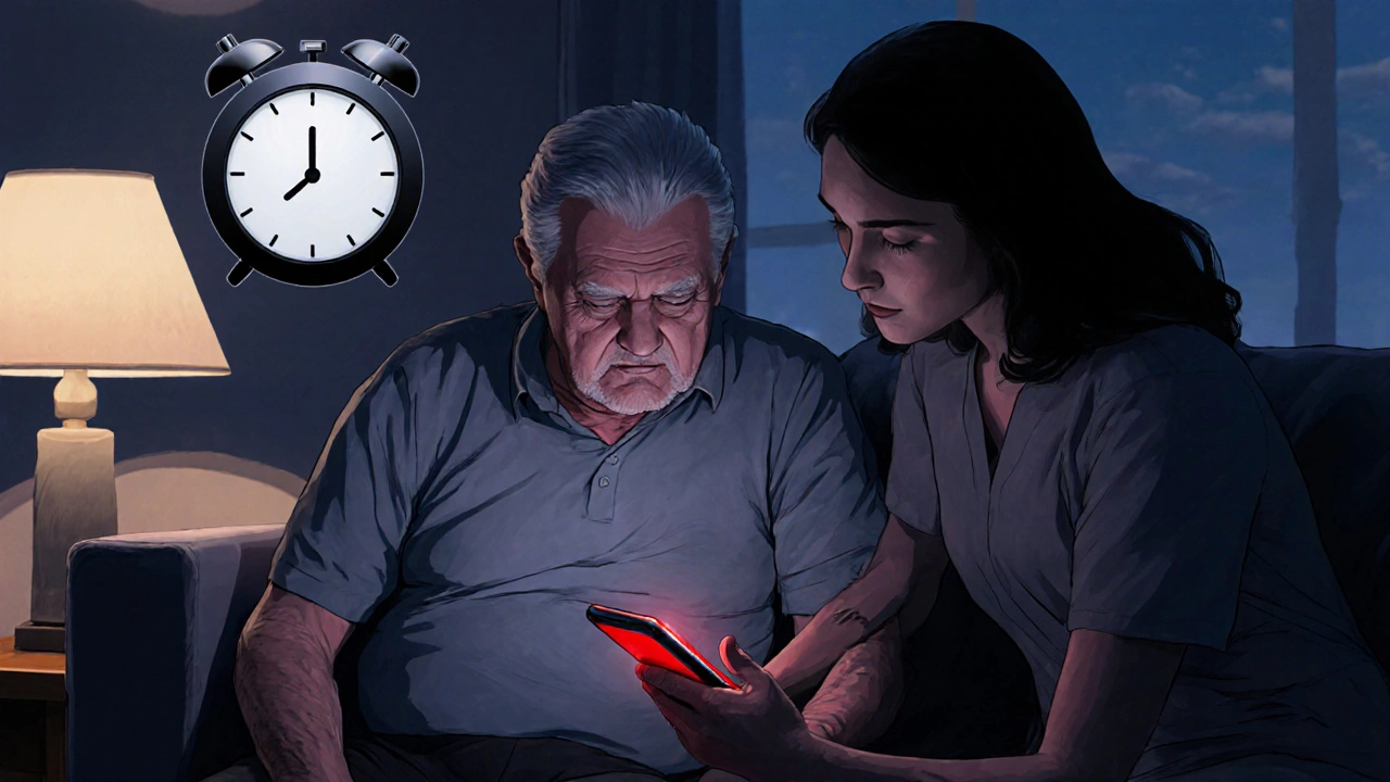 Caregiver assisting an elderly person showing stroke signs while reaching for a phone in a dim living room.