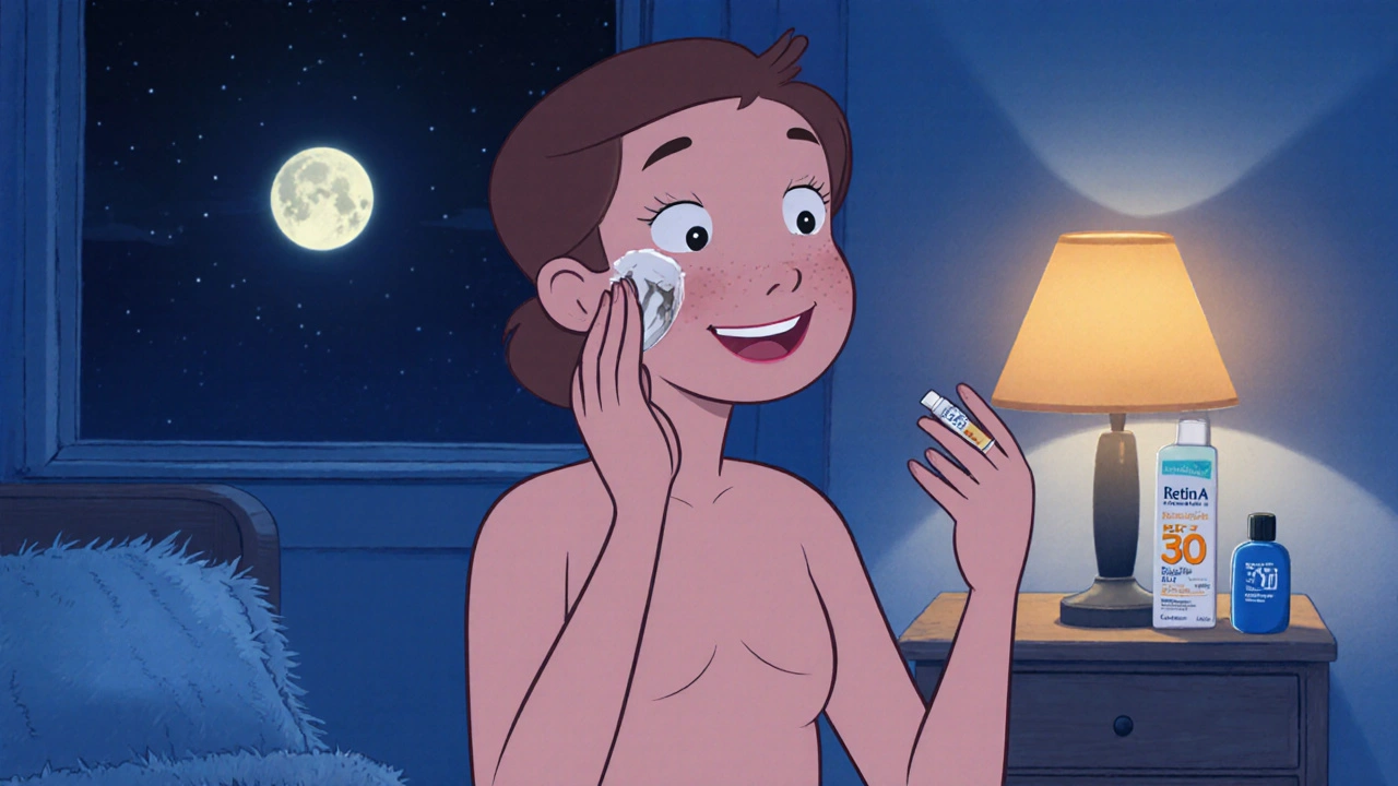Cartoon person applying Retin A at night with sunscreen nearby.