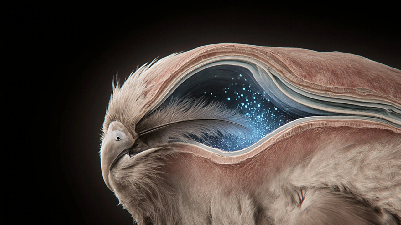 Cross‑section illustration of a bird feather follicle with a growing feather and hormonal cues.