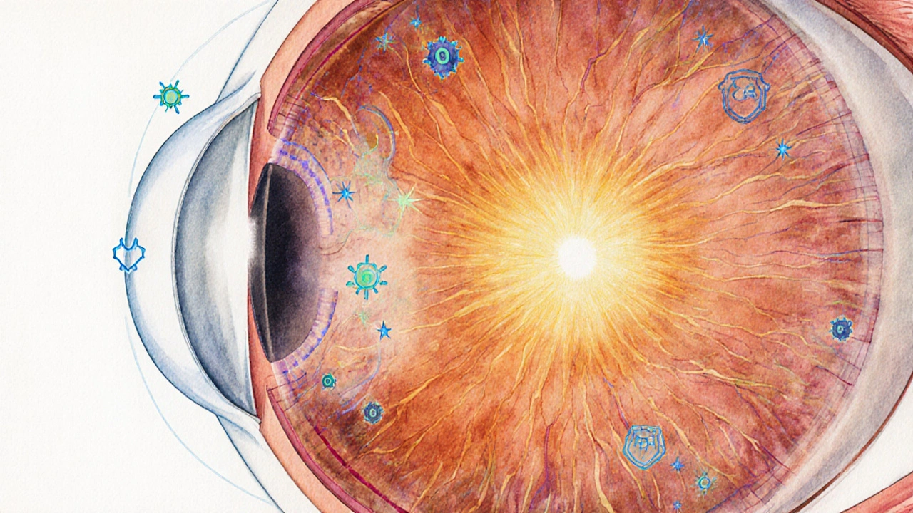Cross‑section of eye showing Vitamin D activating retinal cells.