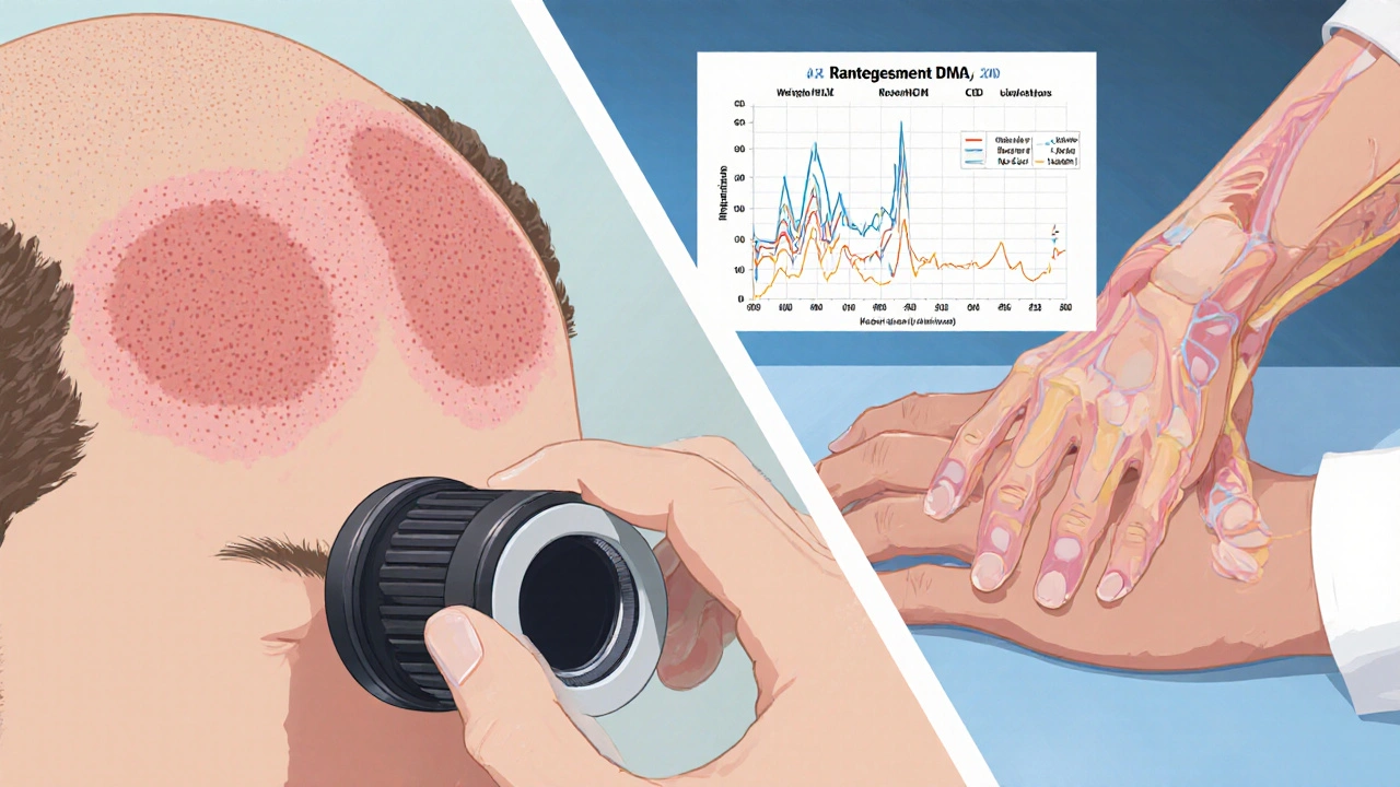 Dermatologist examines scalp lesions while rheumatologist checks hand joints, with lab results displayed.