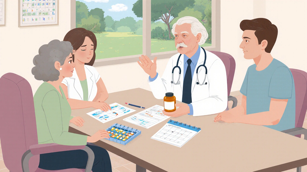 Doctor consulting patient and family, showing pill organizer and lab report in a calm office.