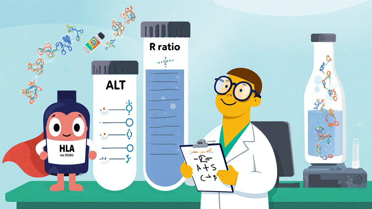 Doctor with clipboard showing R‑ratio, patient with rising ALT and ALP graphics, and a safer antibiotic hero with DNA markers.