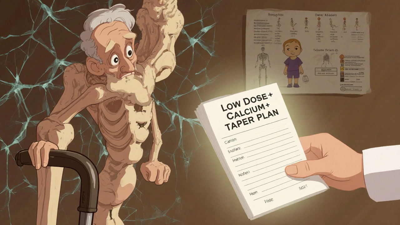 Elderly patient with fragile skin and crumbling bones, guided by a doctor holding a tapering plan for safer steroid use.