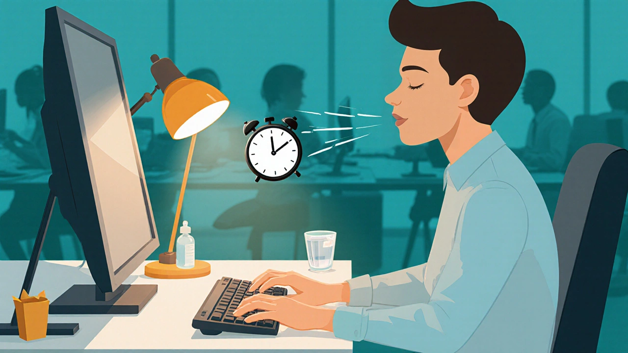 Employee practicing box breathing at desk with hand cream and warm lamp light.