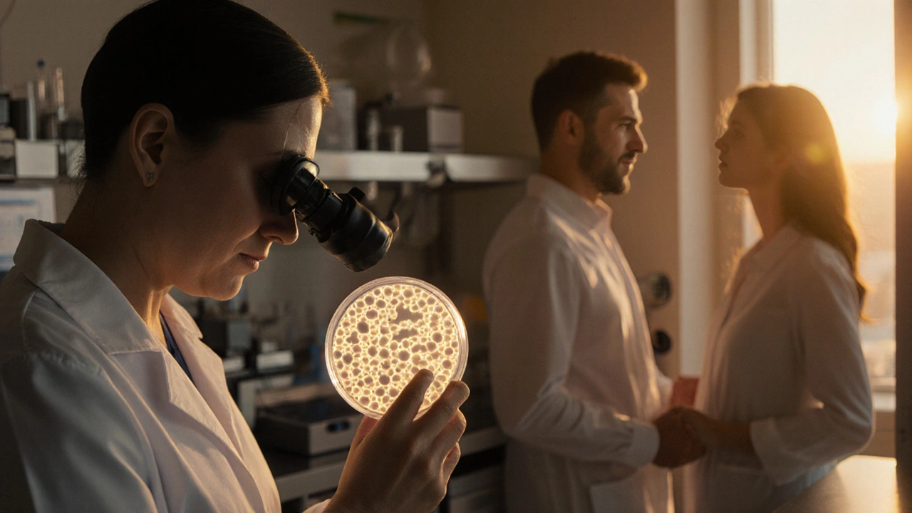 Fertility lab with specialist viewing embryos, couple hopeful in background.