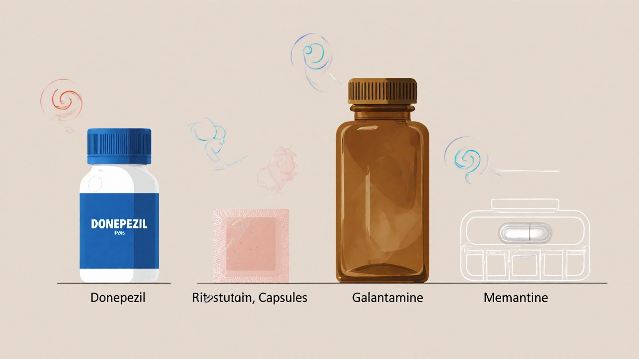 Four Alzheimer’s drugs displayed with icons indicating their typical side effects.
