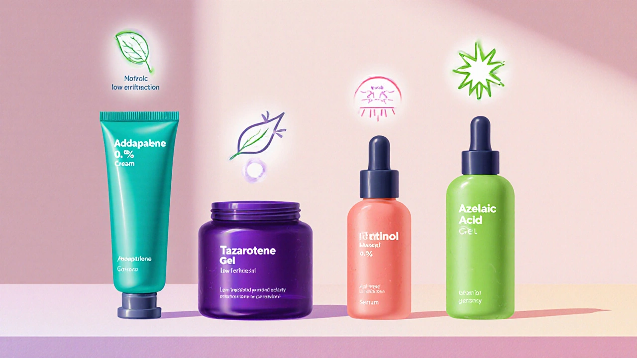 Four skincare bottles (Adapalene, Tazarotene, Retinol, Azelaic Acid) displayed together.