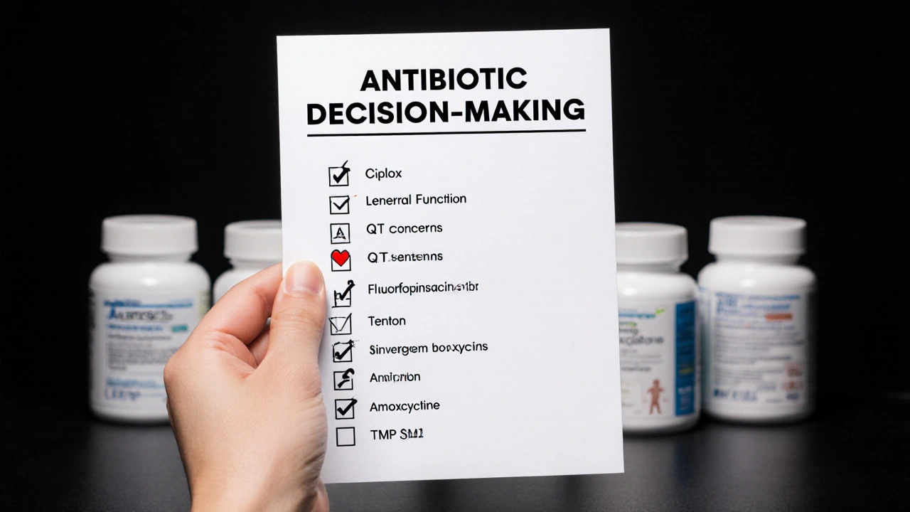 Hand holding an antibiotic decision checklist beside neatly arranged antibiotic bottles.