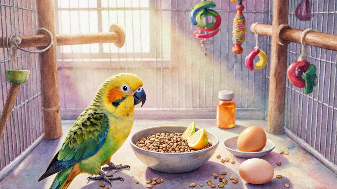 Healthy cockatiel in an enriched cage with balanced diet and toys, illustrating preventive care.