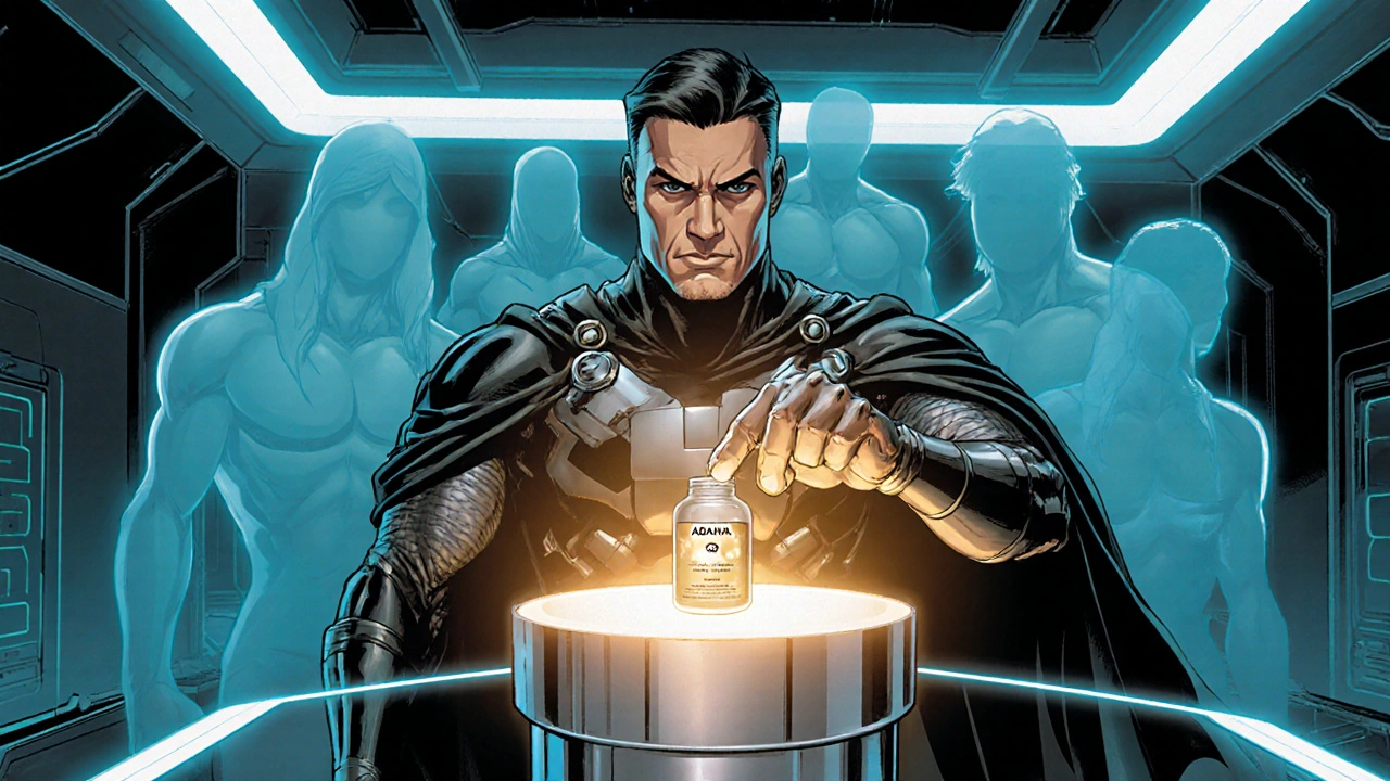 Hero choosing a glowing Abana capsule while other supplements fade away.