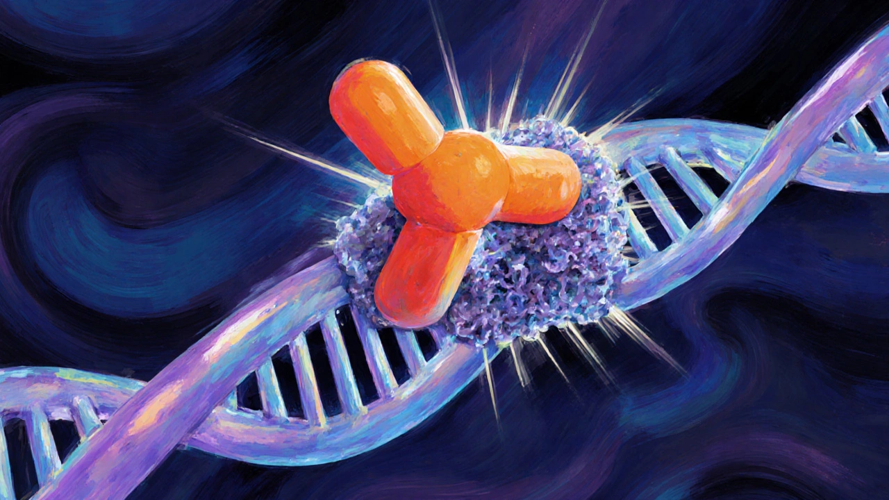 Illustration of ciprofloxacin binding to DNA gyrase, stopping bacterial DNA replication.
