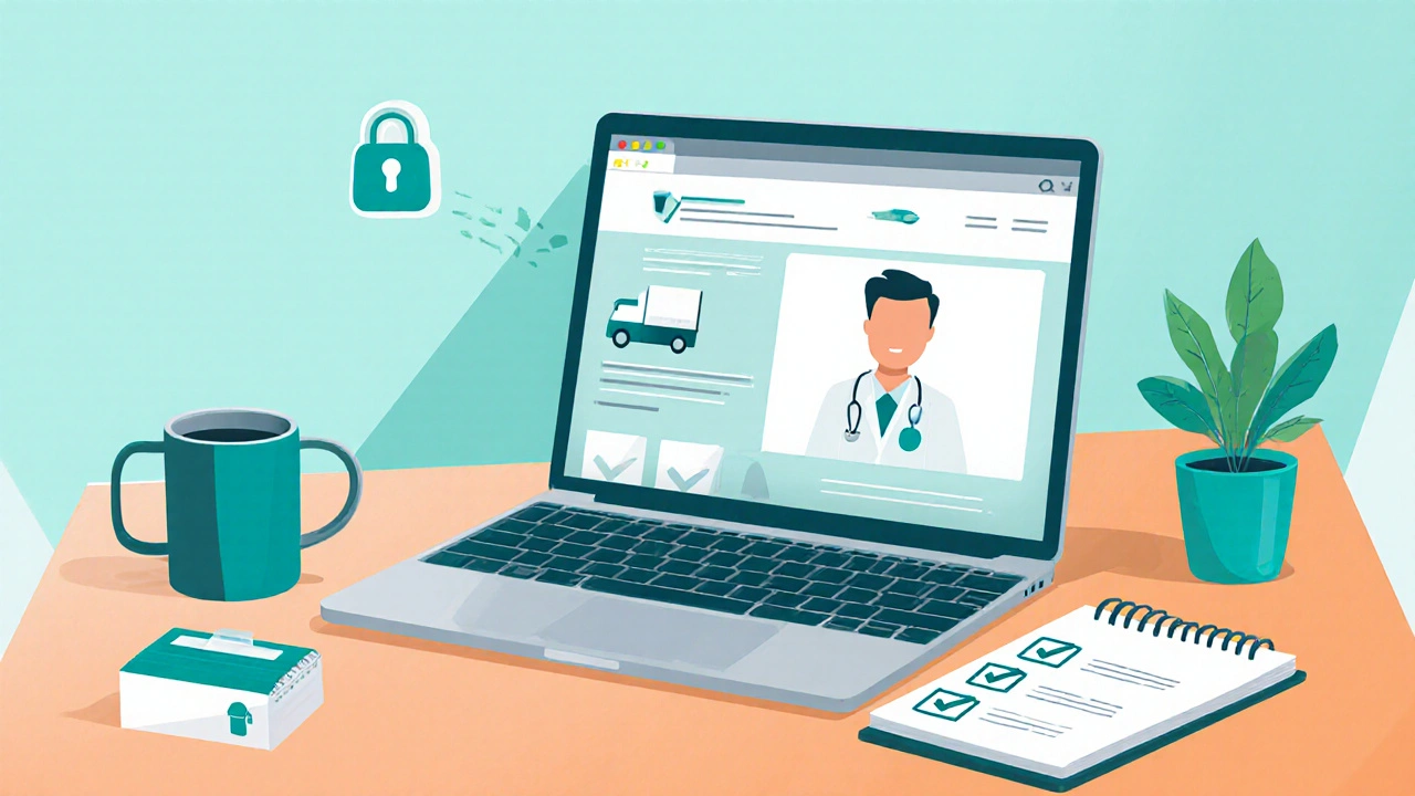 Laptop screen showing a trusted online pharmacy with checklist items on a desk.