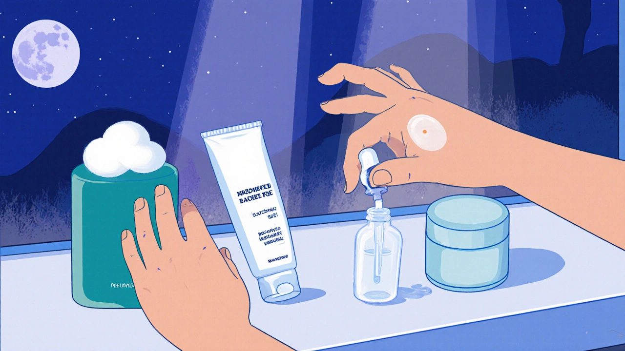Nighttime bathroom vanity with skincare products and a hand applying them.