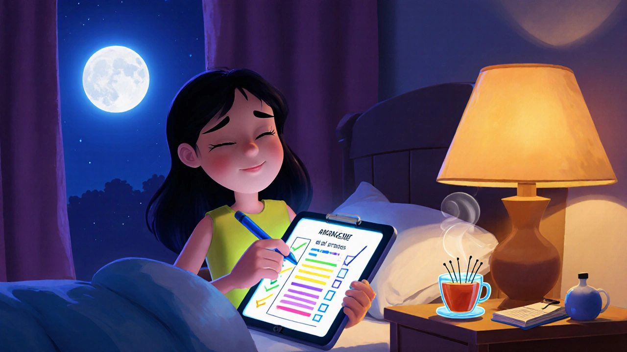 Nighttime scene of the person reviewing a symptom journal beside a lamp, with tea and acupuncture needles nearby.