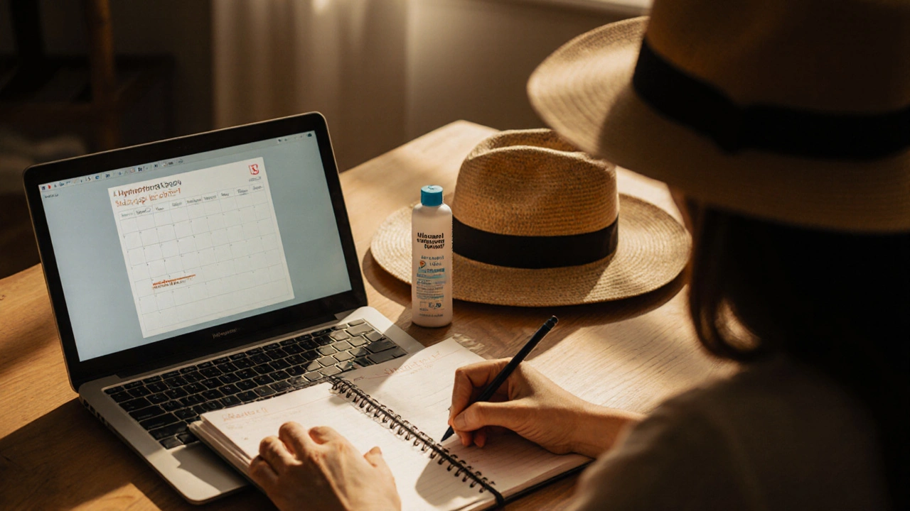 Patient writing in symptom diary at home, surrounded by medication, sunscreen and a calendar reminder.