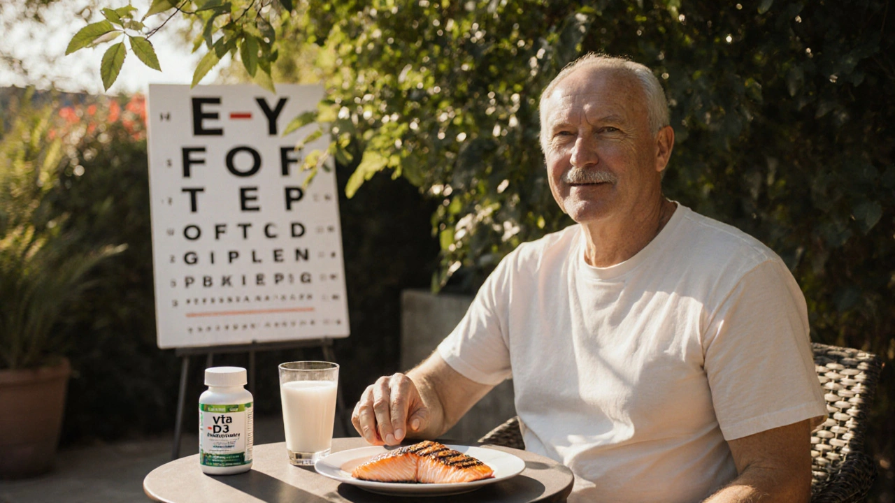 Person enjoys salmon, fortified milk, and supplements in sunny patio setting.