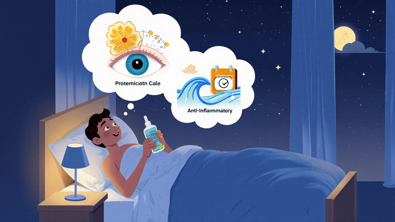 Person holding Ophthacare at night, with visual cues of lasting comfort and protection.