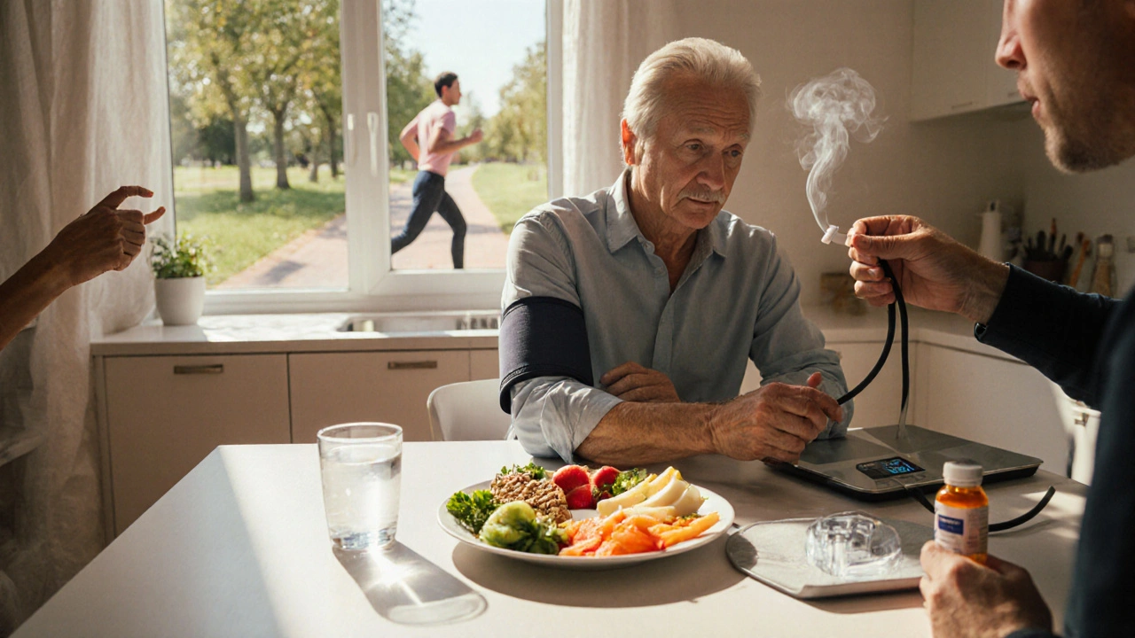 Person measuring blood pressure, healthy DASH meal, jogging figure, and discarded cigarette in a bright kitchen scene.