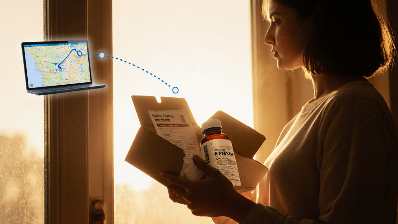 Person receiving a parcel containing generic Effexor at their doorstep.