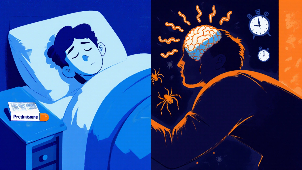 Person struggling with insomnia at night, with anxiety-inducing hallucinations like spiders and floating clocks.