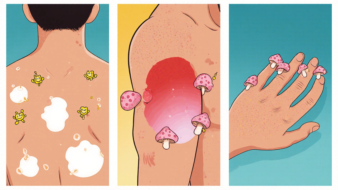 Three panels showing Malassezia on back, Candida in skin fold, and ringworm on hand with colorful patches.