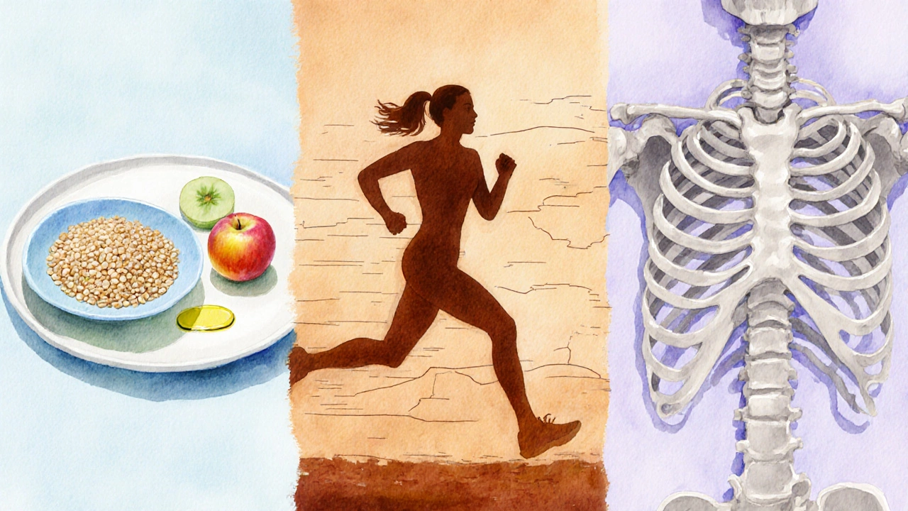 Watercolor illustration of low energy intake, intense training, and bone loss.