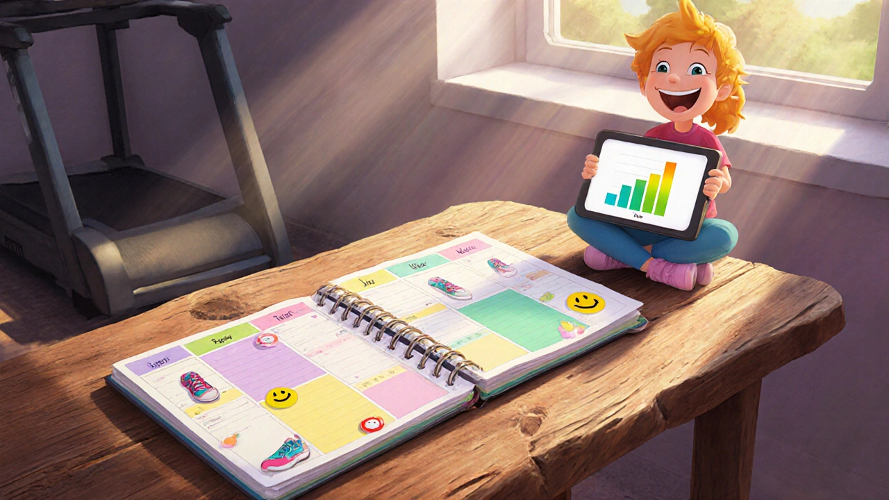 Weekly planner with exercise stickers and mood chart, person smiling beside it, showing progress.