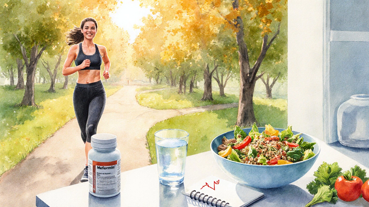 Woman jogging in a sunrise park with healthy food and a pill bottle nearby.