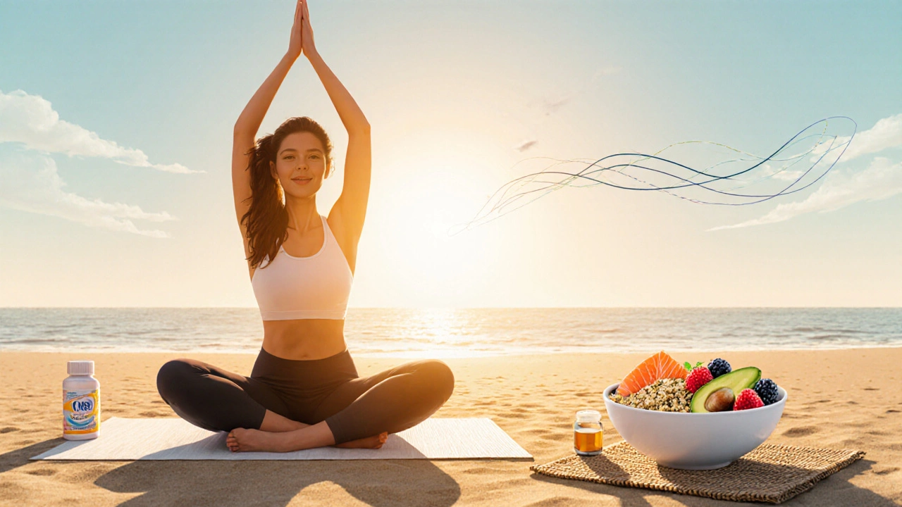 Woman practicing yoga on beach while enjoying a nutritious meal, symbolizing recovery.