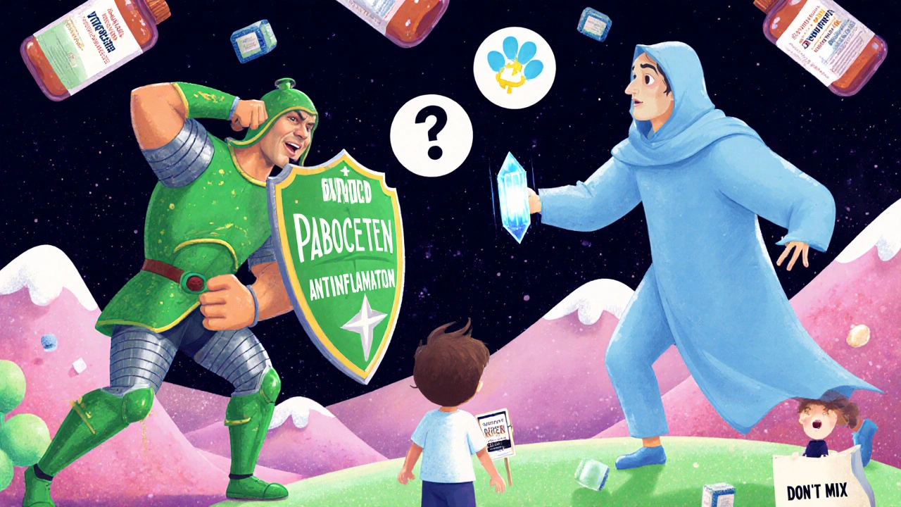 A cartoon battle between Ibuprofen and Paracetamol warriors over a headache and fever, with a child watching.