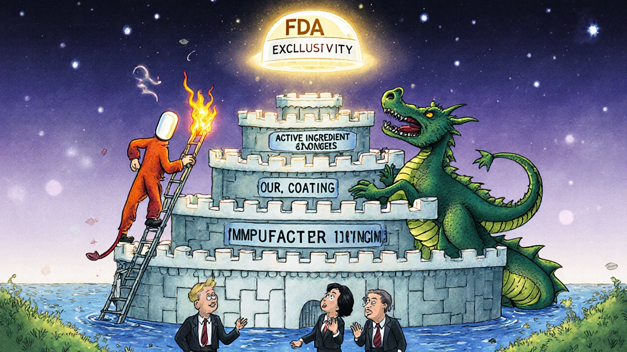 A castle built of stacked patents with a tiny generic pill climbing a ladder, blocked by a dragon labeled &#039;PTE&#039; and an FDA shield above.