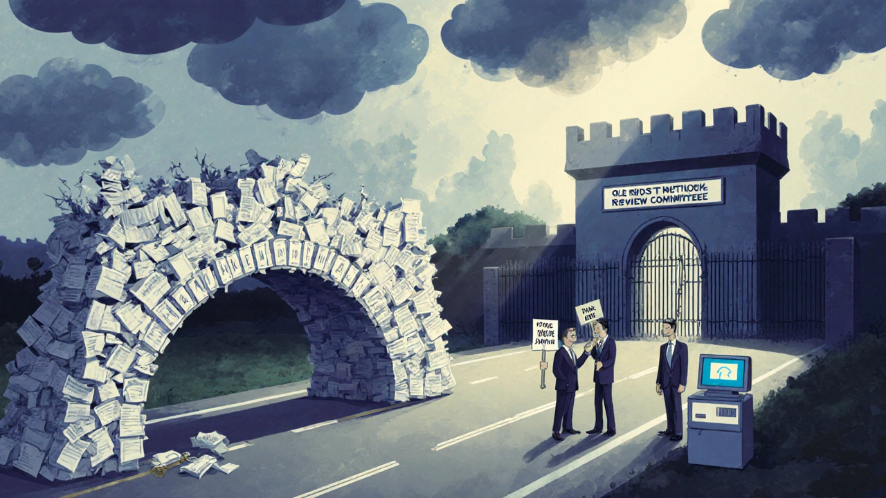 A crumbling democracy bridge leads to a gated efficiency highway guarded by lobbyists and Level 3 keys under stormy skies.