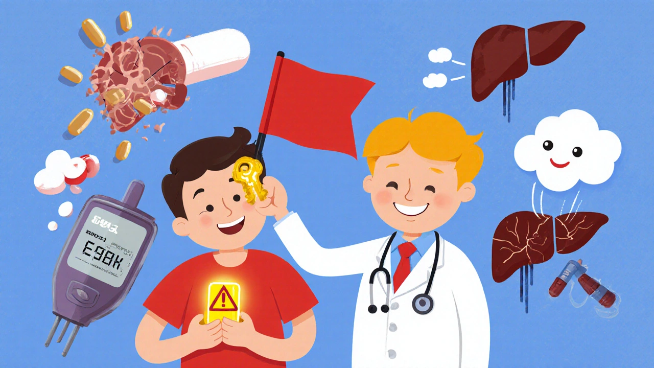 A doctor offering carvedilol as a safe choice while a CGM alerts and liver releases glucose, contrasting with broken pills.