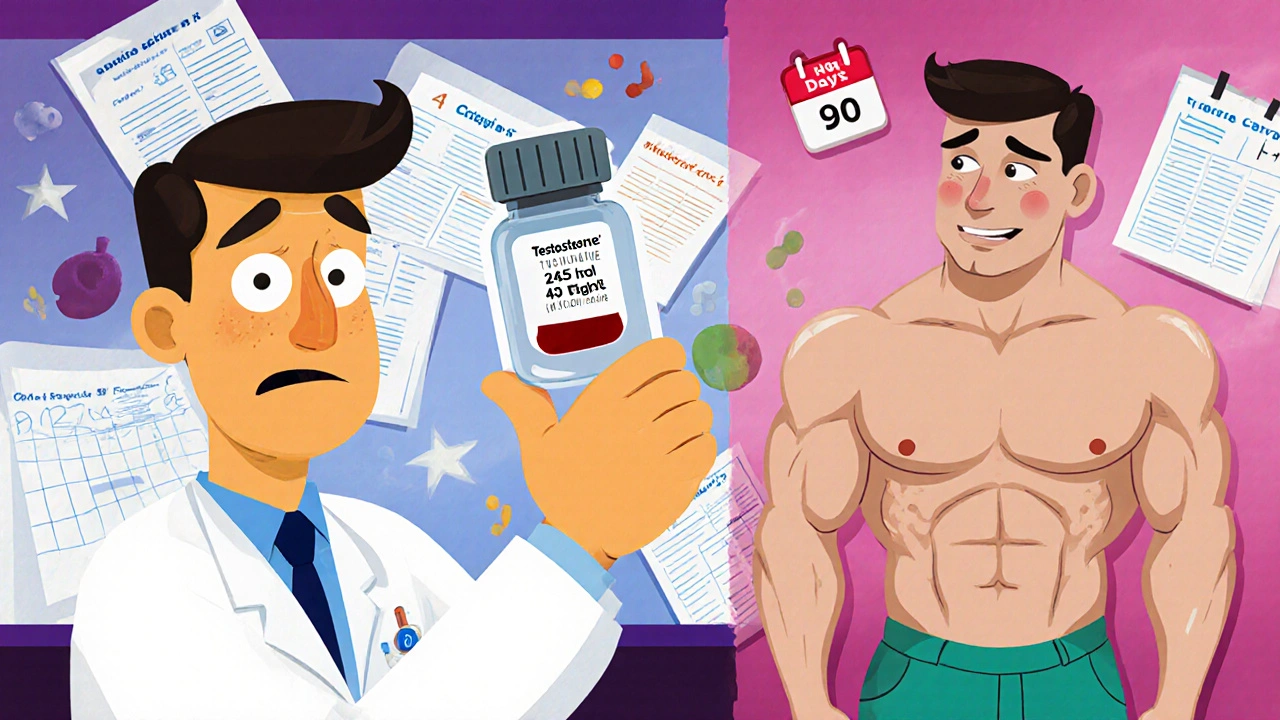 A doctor shows a low testosterone blood test while contrasting two versions of the patient.