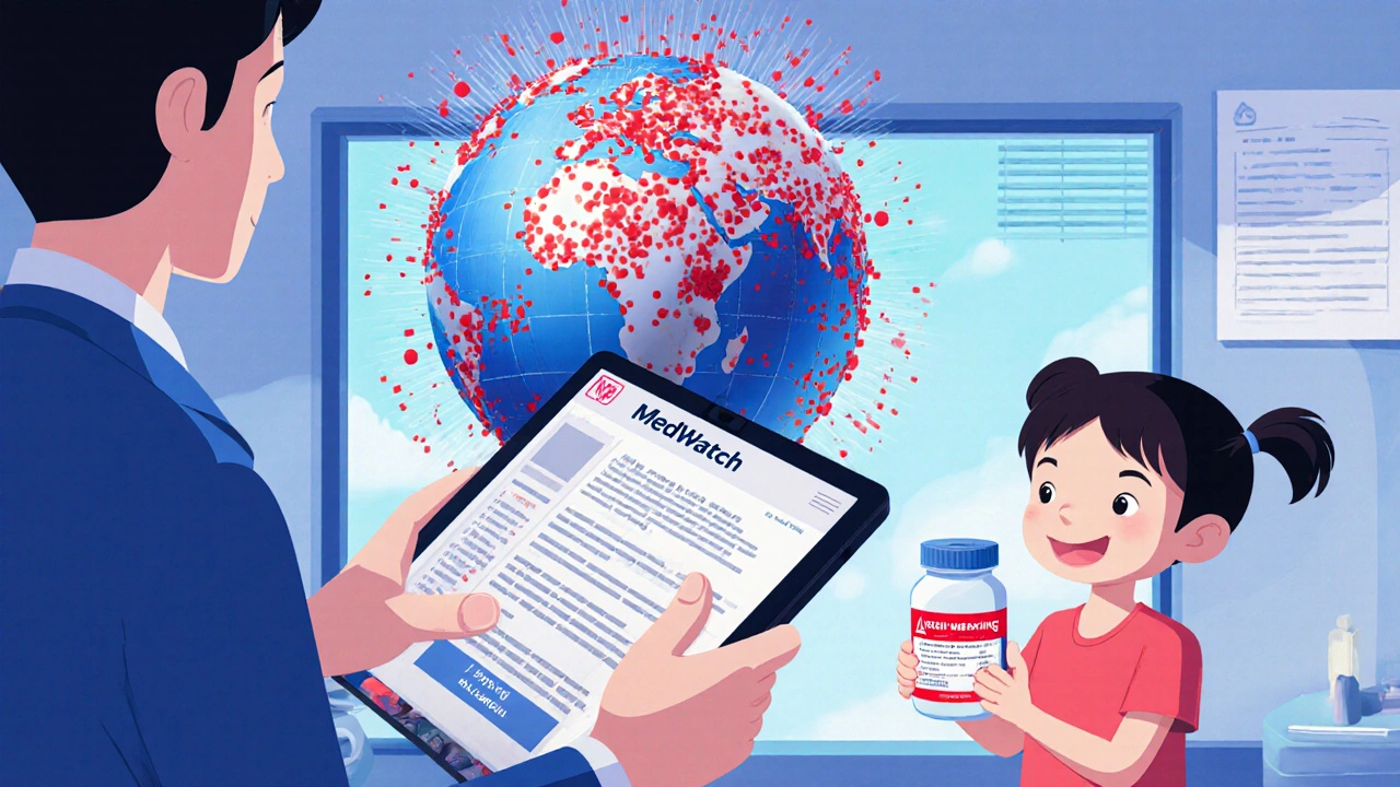 A doctor uses a tablet to auto-file a MedWatch report while data streams form a global safety alert globe.
