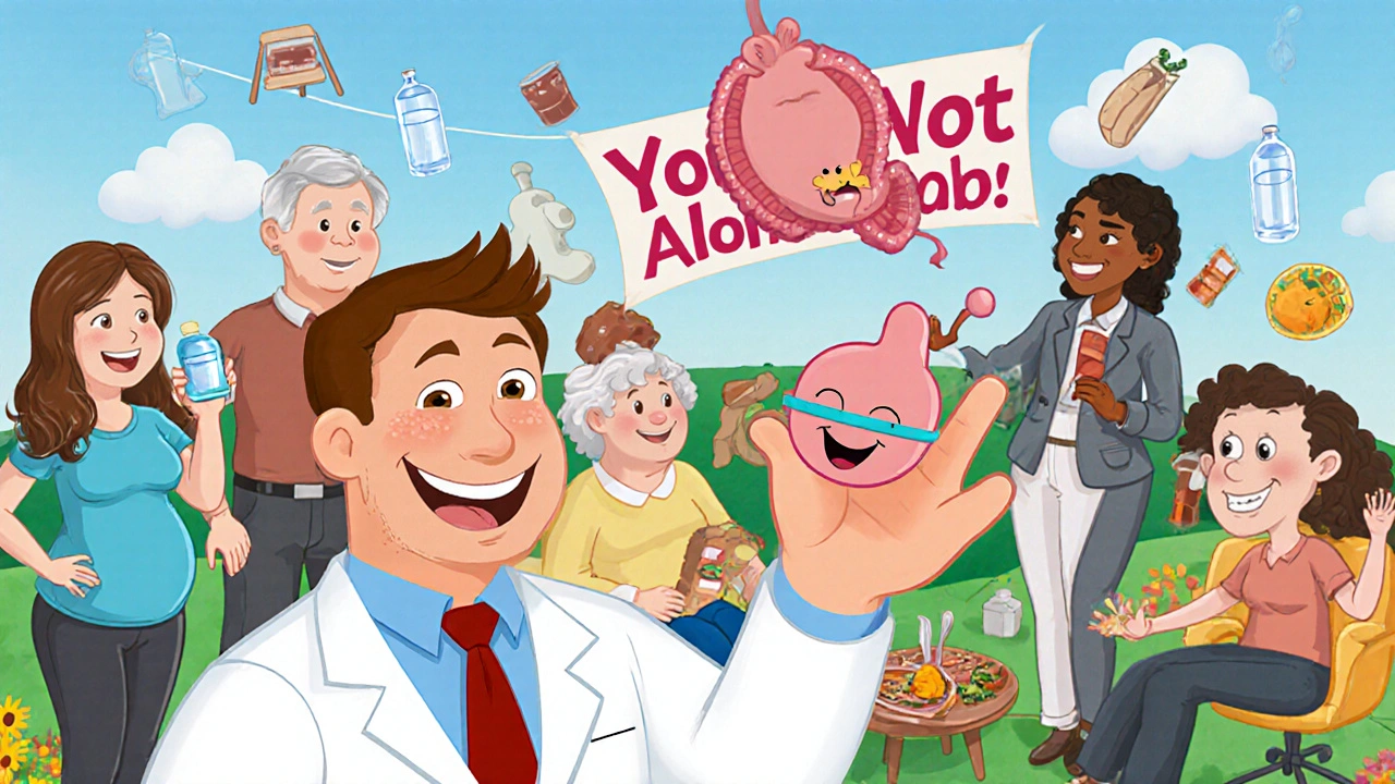 A doctor using a rubber band to shrink a smiling hemorrhoid, while others practice healthy habits in a cheerful scene.