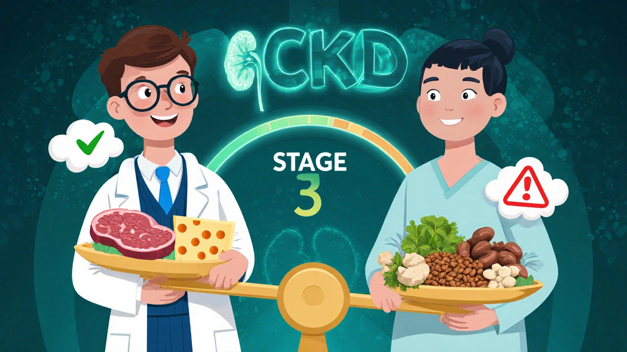A friendly kidney character balancing animal and plant proteins on a scale.