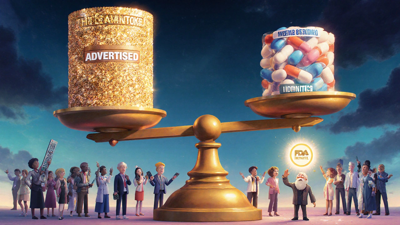 A giant scale tilting between a glittering branded pill tower and a tiny pile of generic pills, with a pharmacist holding an FDA seal.