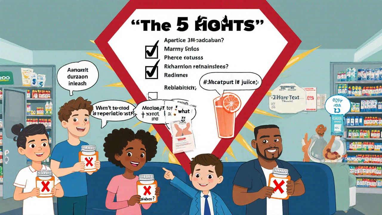 A group of patients ask questions about their prescriptions while a &#039;5 Rights&#039; checklist glows behind them in a pharmacy.