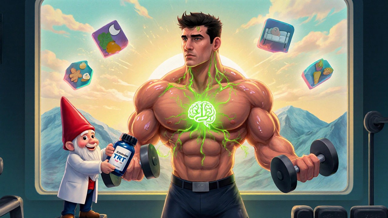 A man exercising with glowing energy, a hormone gnome handing him testosterone gel.