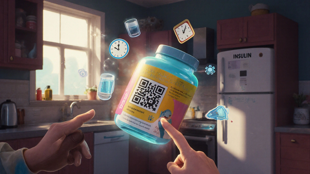 A medicine bottle with a glowing QR code displays floating digital instructions above it in a kitchen setting.