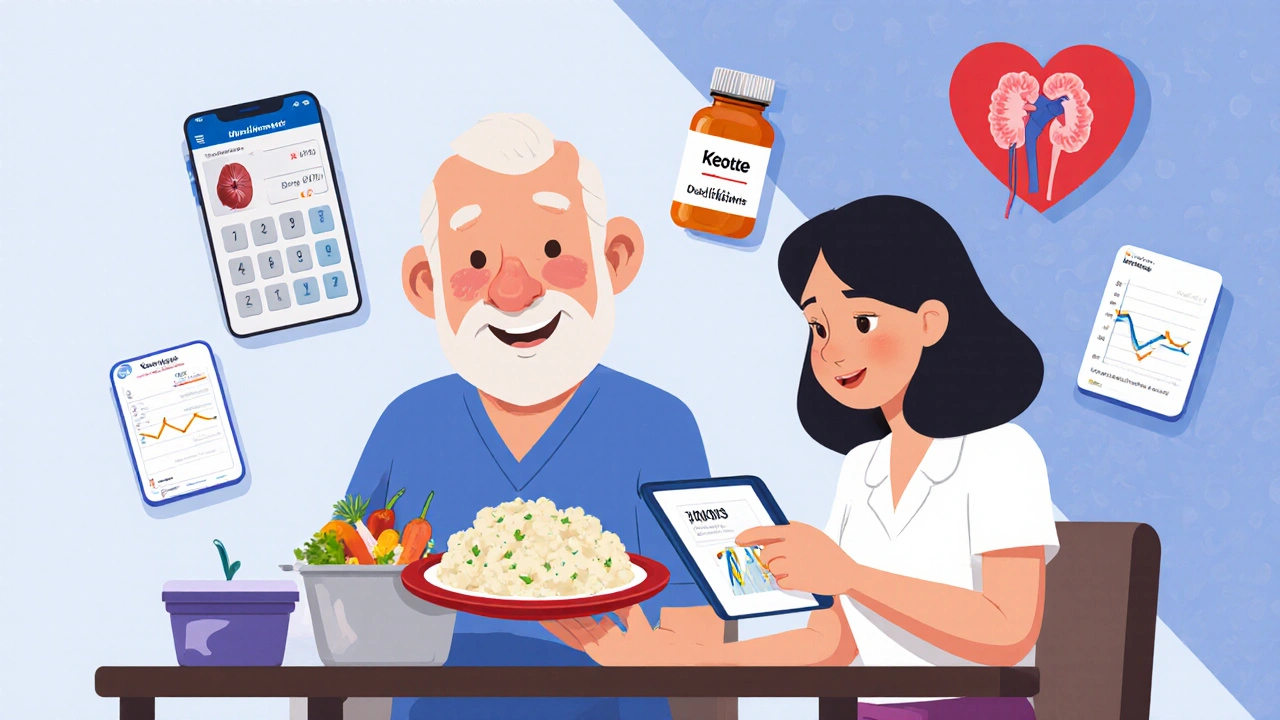 A patient and dietitian reviewing nutrition tools with meal prep and medication icons.