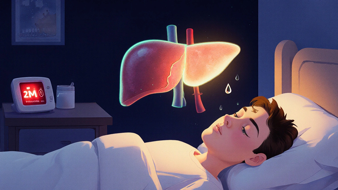 A patient asleep in bed with a blocked liver and a glowing CGM alarm, one sweat droplet falling as a warning.